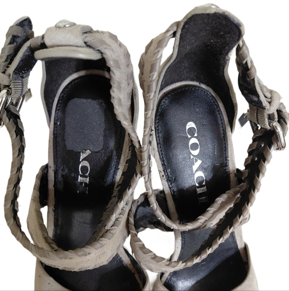 Coach Henny Light Gray Crisscross Ankle Whipstitch Open Toe Buckled Heels sz 6.5 - Picture 5 of 13